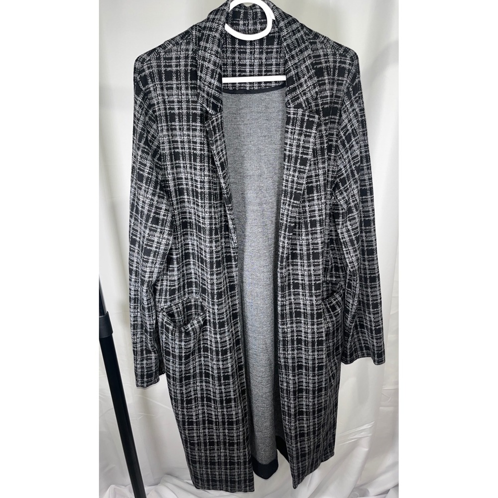 Unbranded Plaid Longline Open Front Duster Cardigan Jacket Black White Pockets L